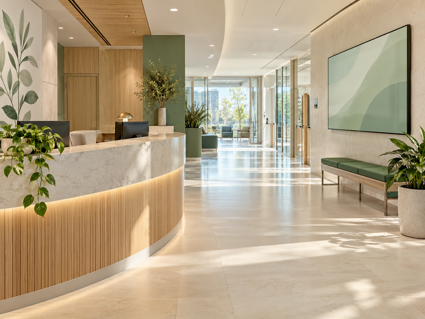 Imagen conceptual de una recepción hospitalaria luminosa con pantalla institucional